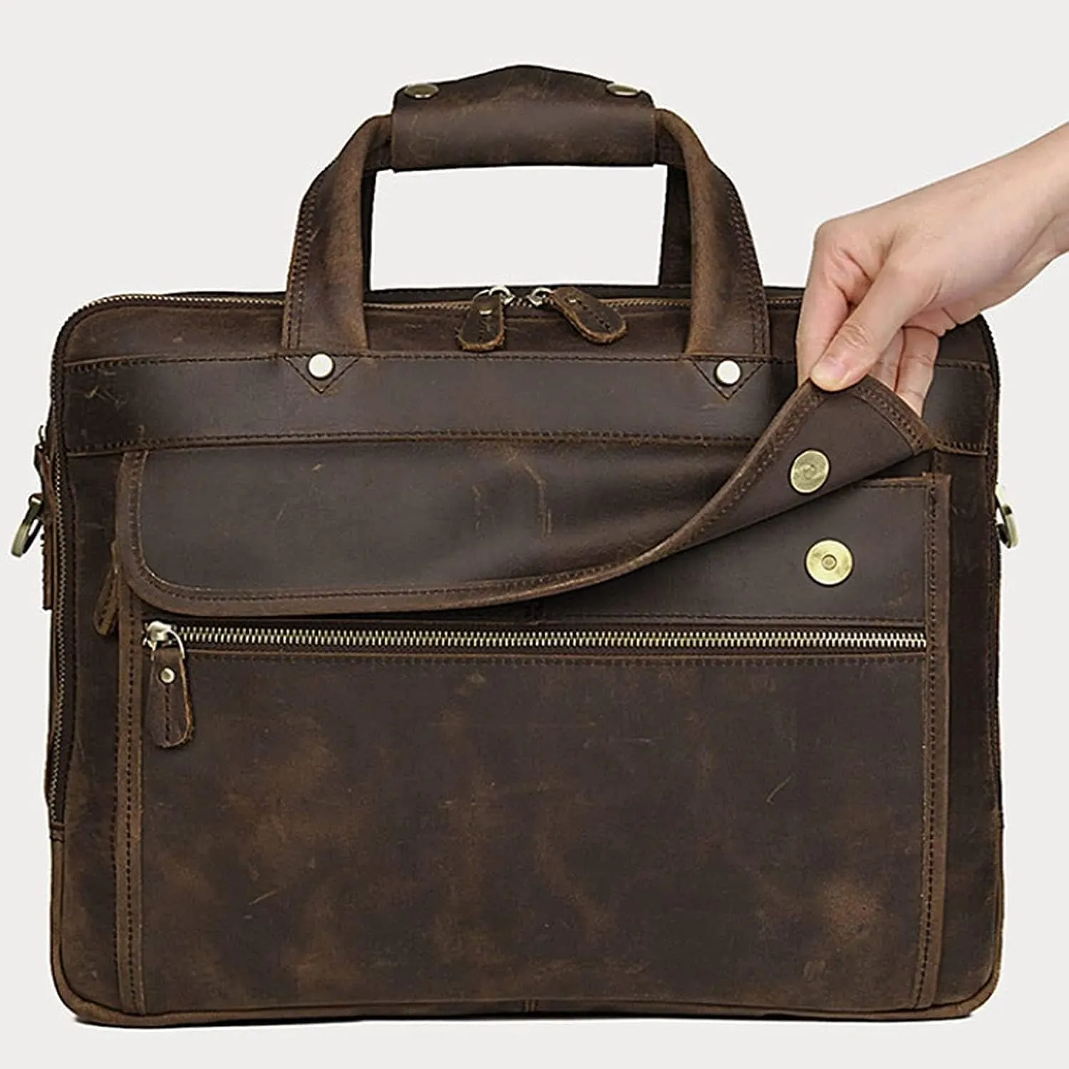 Leather Briefcase Fit Under 15.6 inch Laptop Tote Shoulder Bag for Men Messenger Satchel Work Case Crossbody