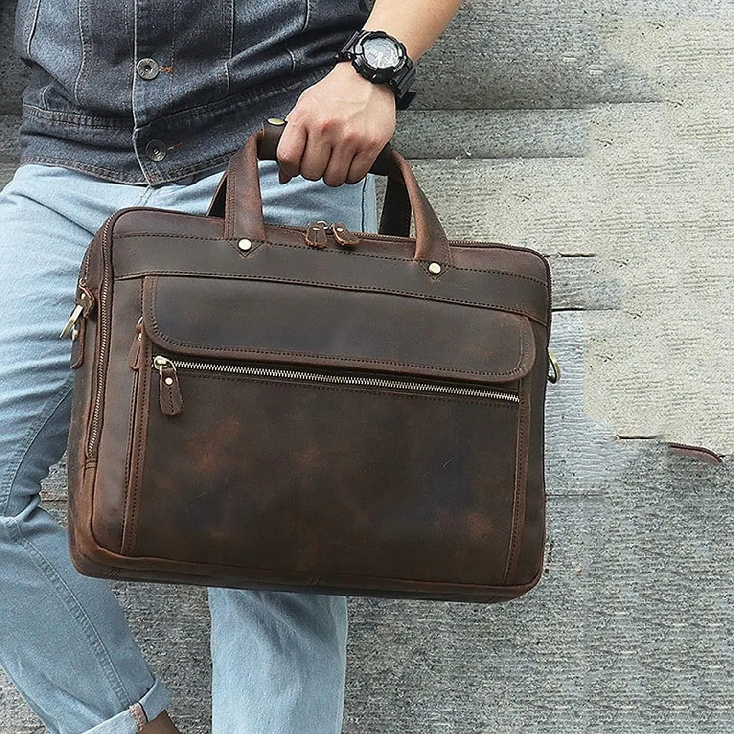 Leather Briefcase Fit Under 15.6 inch Laptop Tote Shoulder Bag for Men Messenger Satchel Work Case Crossbody