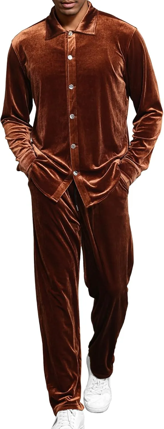 LecGee Men Fall Casual Sets Velvet Long Sleeve Button Down Shirt Elastic Waist Velour Pants 2 Piece Outfits Tracksuit