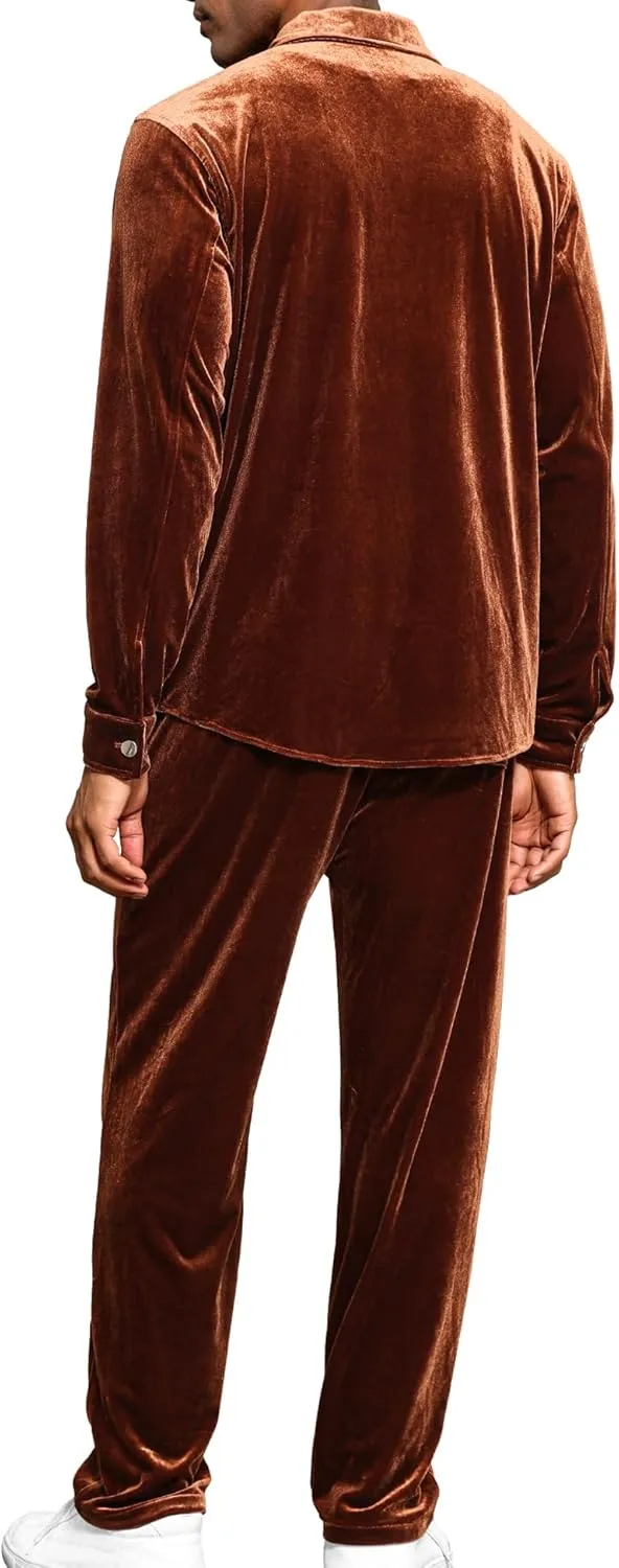 LecGee Men Fall Casual Sets Velvet Long Sleeve Button Down Shirt Elastic Waist Velour Pants 2 Piece Outfits Tracksuit