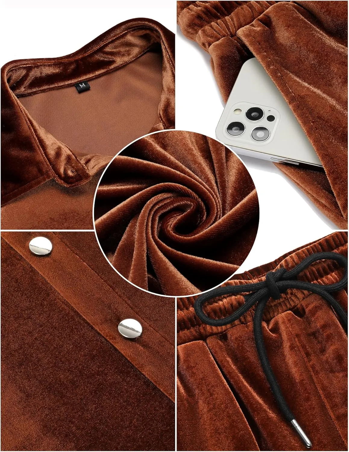 LecGee Men Fall Casual Sets Velvet Long Sleeve Button Down Shirt Elastic Waist Velour Pants 2 Piece Outfits Tracksuit