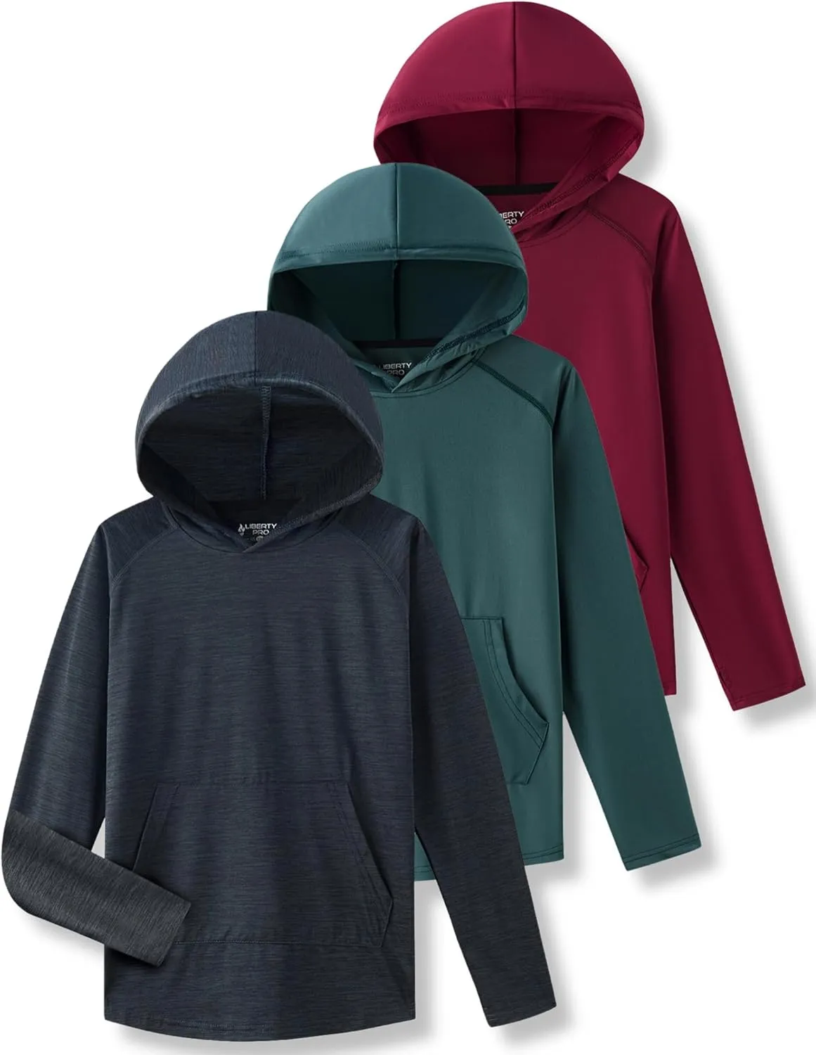 Liberty Imports 3 Pack: Youth Boys Teen Active Long Sleeve Hoodie Sweatshirts - Athletic Dry-Fit Hooded Pullover Shirts