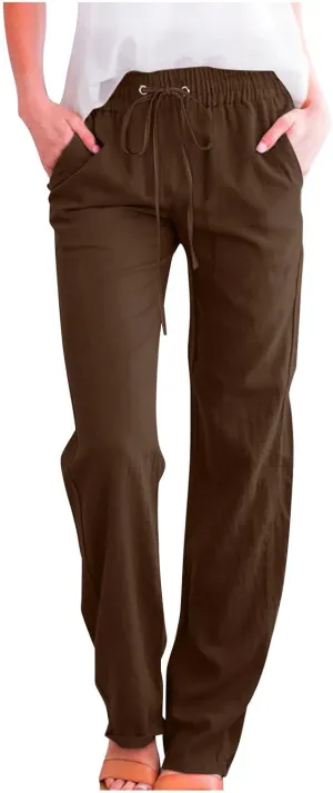 Lightweight Linen Pants for Women 2025 Summer High Waist Elastic Straight Leg Lounge Pant Casual Loose Beach Trousers