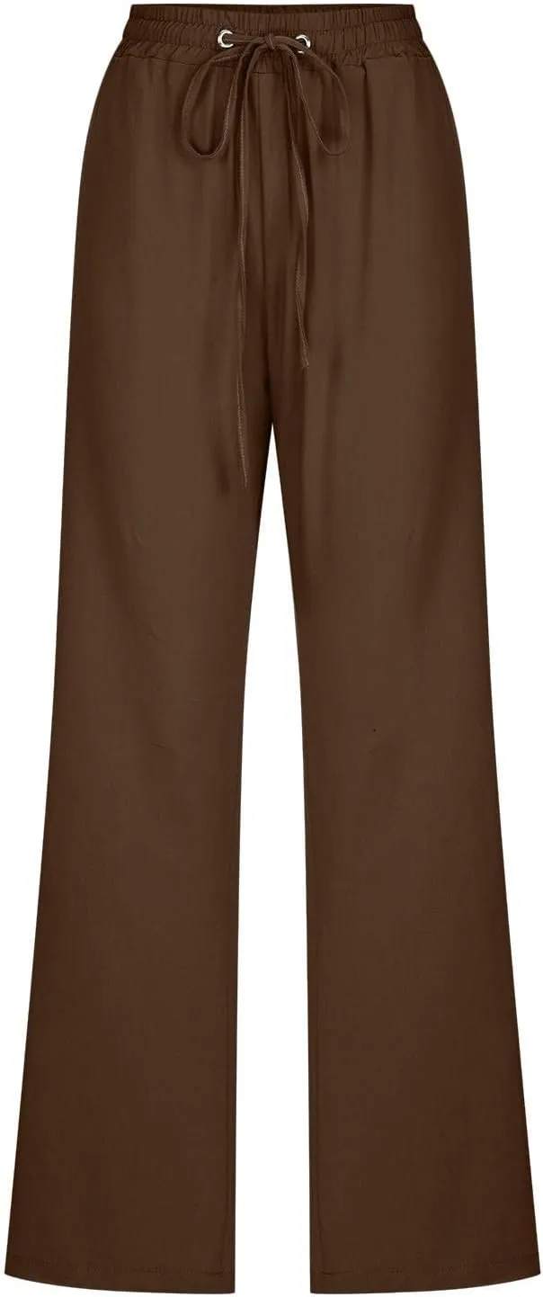 Lightweight Linen Pants for Women 2025 Summer High Waist Elastic Straight Leg Lounge Pant Casual Loose Beach Trousers