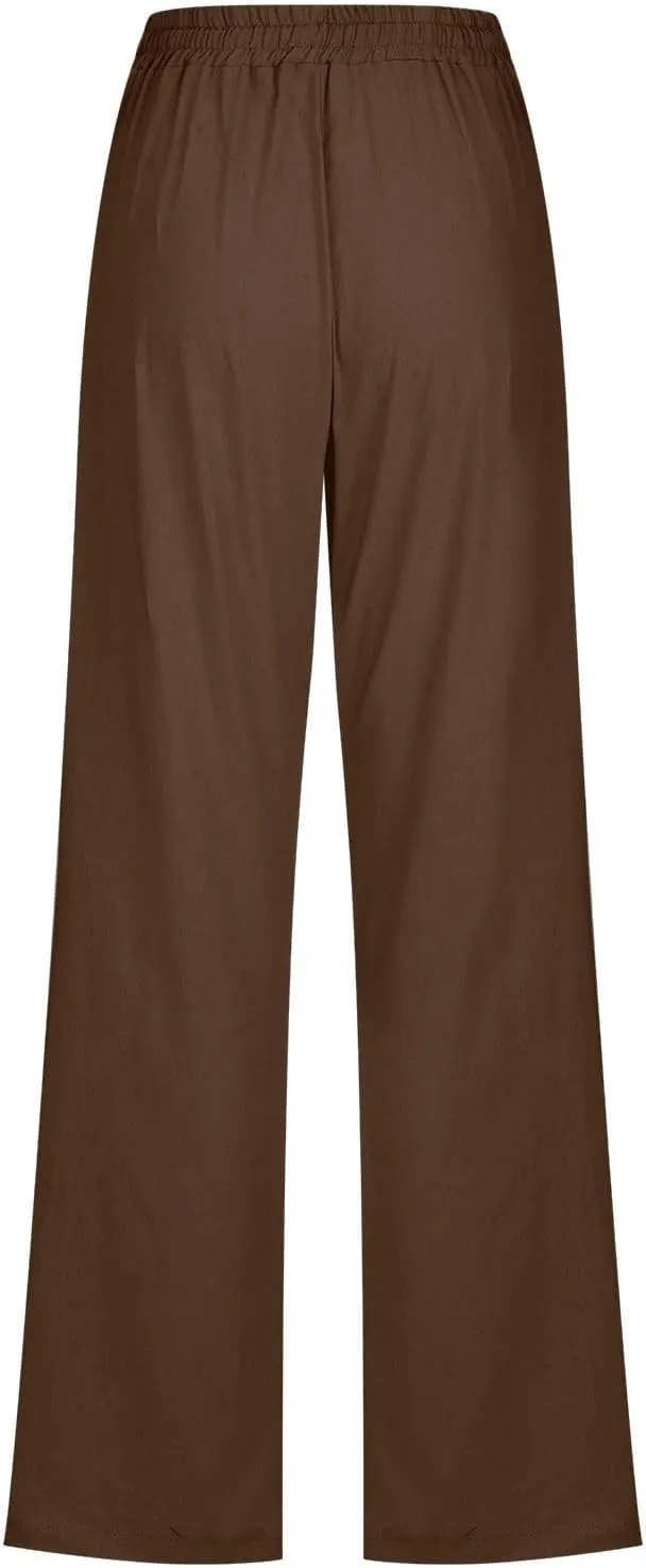Lightweight Linen Pants for Women 2025 Summer High Waist Elastic Straight Leg Lounge Pant Casual Loose Beach Trousers