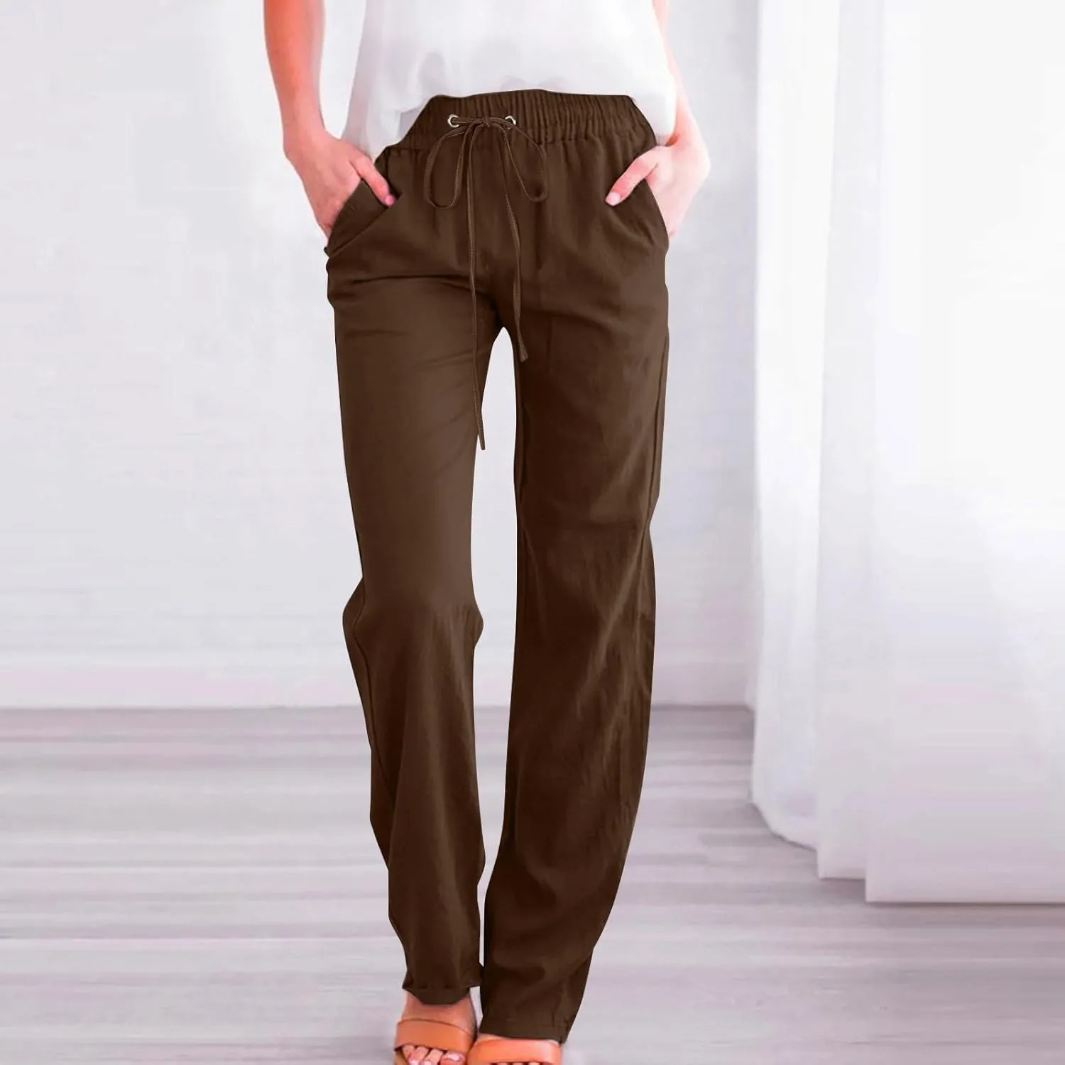 Lightweight Linen Pants for Women 2025 Summer High Waist Elastic Straight Leg Lounge Pant Casual Loose Beach Trousers
