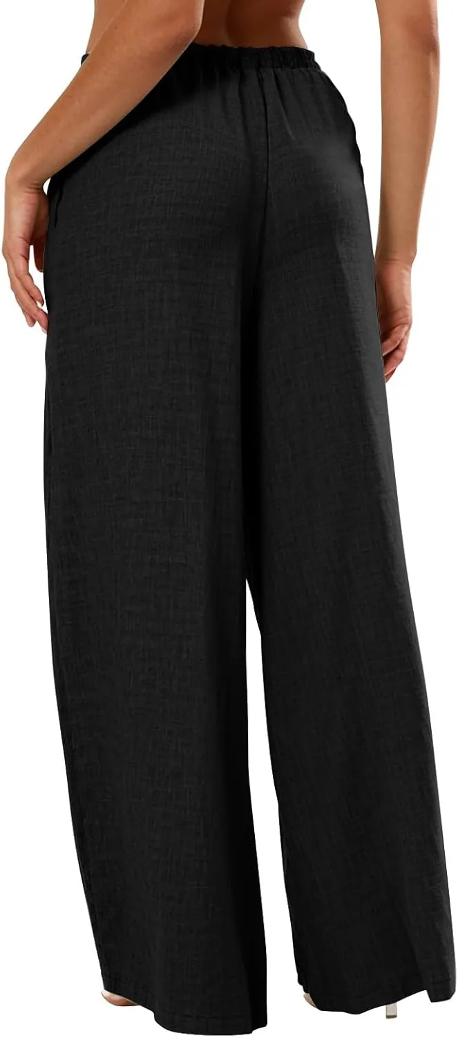 Lightweight Summer Pants Women Drawstring Elastic High Waist Palazzo Pants Boho Flowy Casual Beach Trousers w/Pockets