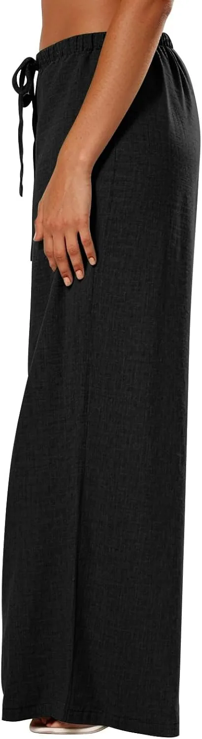 Lightweight Summer Pants Women Drawstring Elastic High Waist Palazzo Pants Boho Flowy Casual Beach Trousers w/Pockets