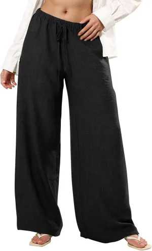 Lightweight Summer Pants Women Drawstring Elastic High Waist Palazzo Pants Boho Flowy Casual Beach Trousers w/Pockets