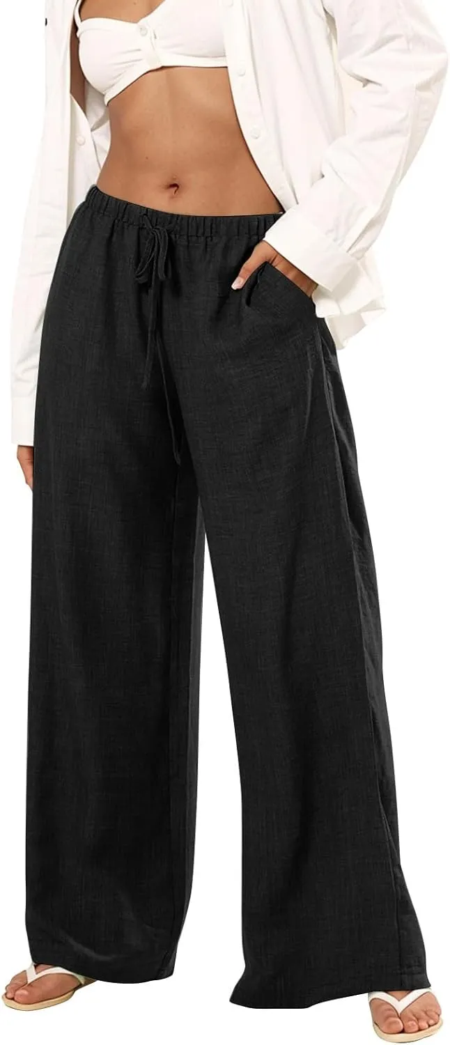 Lightweight Summer Pants Women Drawstring Elastic High Waist Palazzo Pants Boho Flowy Casual Beach Trousers w/Pockets