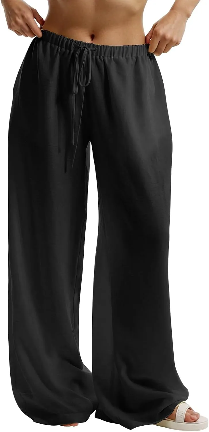 Lightweight Summer Pants Women Drawstring Elastic High Waist Palazzo Pants Boho Flowy Casual Beach Trousers w/Pockets