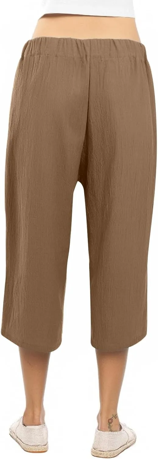 Linen Capri Pants for Women Casual Summer Tie Elastic Waist Capris Plus Size Crop Pants Wide Leg Cropped Trousers