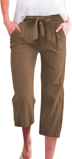 Linen Capri Pants for Women Casual Summer Tie Elastic Waist Capris Plus Size Crop Pants Wide Leg Cropped Trousers