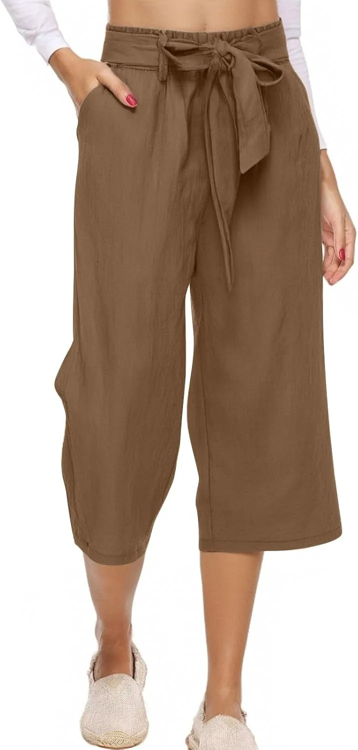 Linen Capri Pants for Women Casual Summer Tie Elastic Waist Capris Plus Size Crop Pants Wide Leg Cropped Trousers