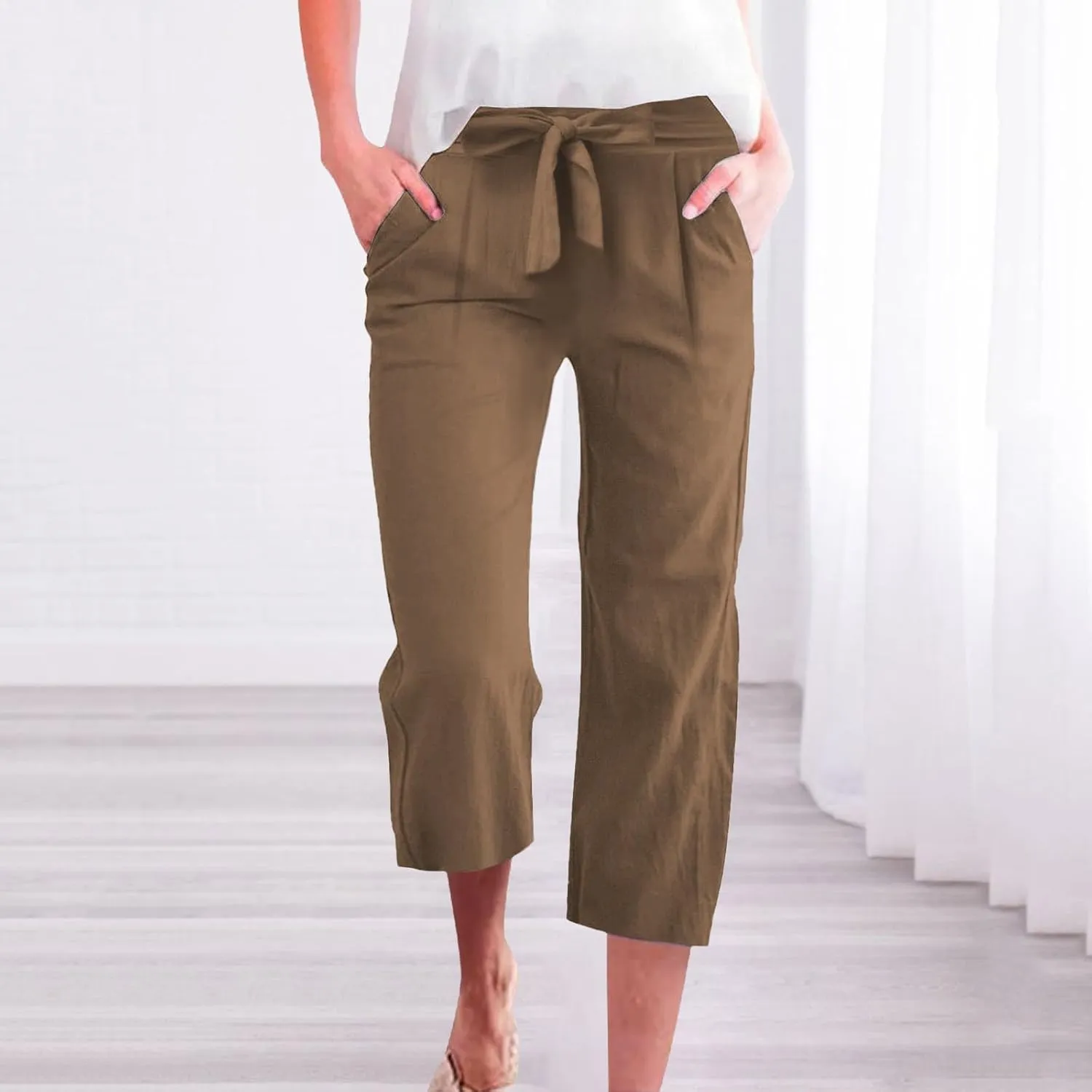 Linen Capri Pants for Women Casual Summer Tie Elastic Waist Capris Plus Size Crop Pants Wide Leg Cropped Trousers