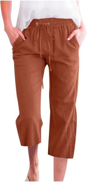 Linen Capri Pants for Women Drawstring Pants Summer Casual Trousers Cropped Pants Cropped Beach Vacation Clothes
