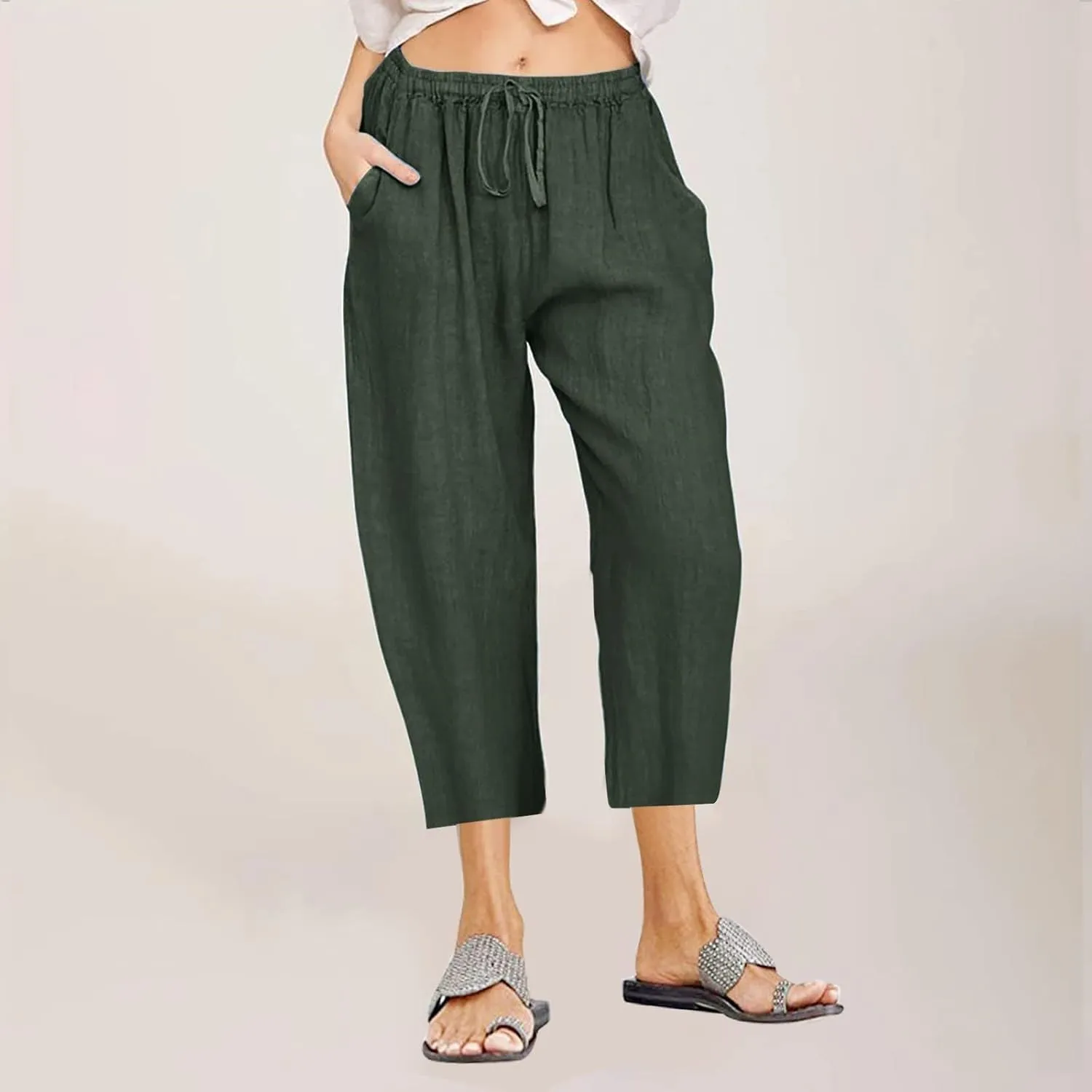 Linen Capri Pants for Women Plus Size Summer Casual Loose Comfy Beach Pants Cropped Vacation Outfits with Pockets