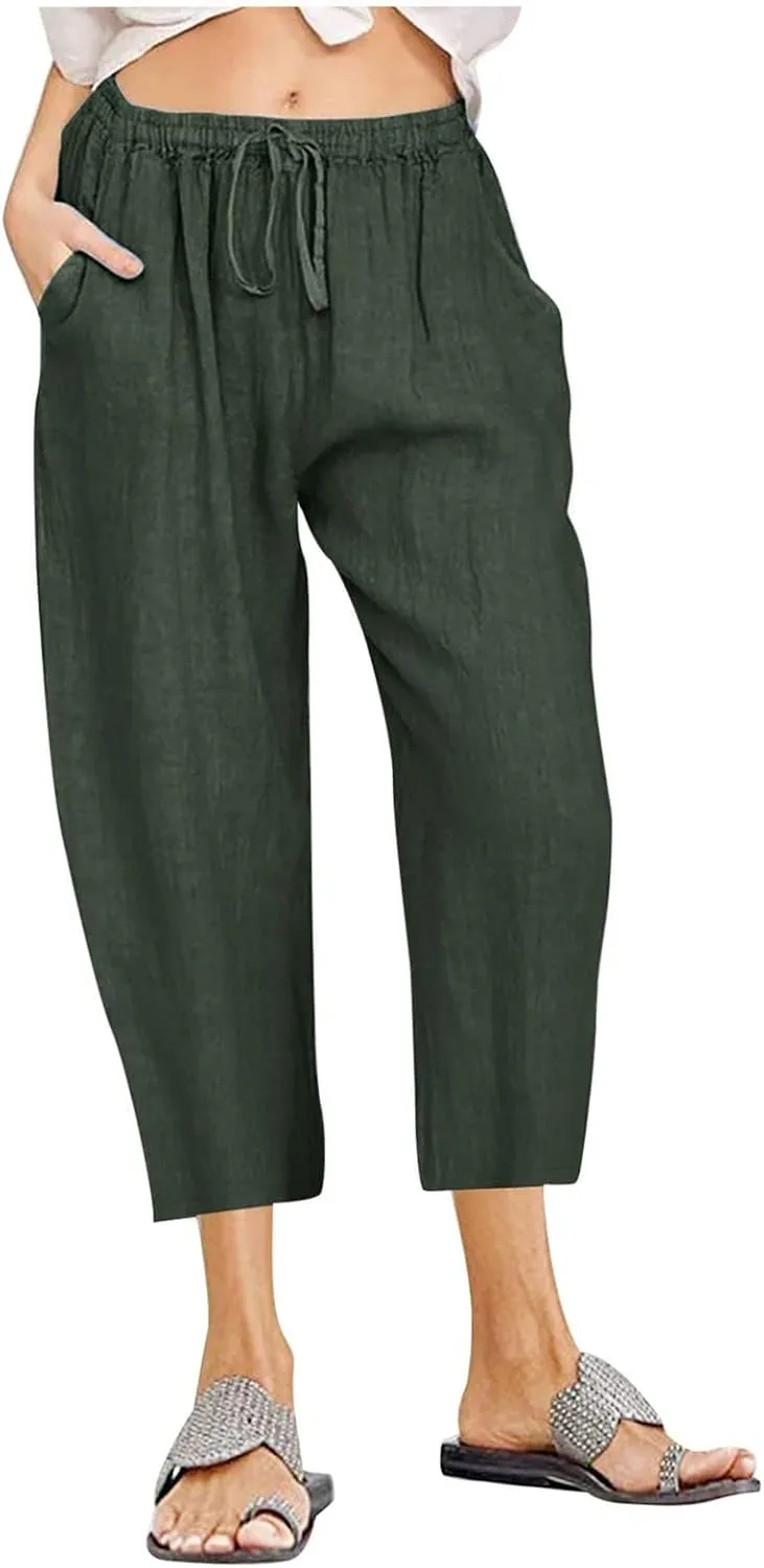 Linen Capri Pants for Women Plus Size Summer Casual Loose Comfy Beach Pants Cropped Vacation Outfits with Pockets