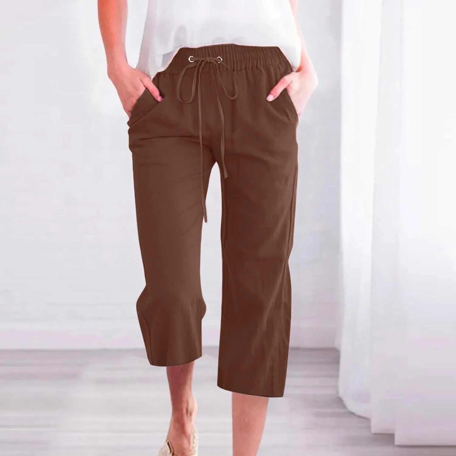 Linen Capri Pants for Women Summer High Waisted Wide Leg Cropped Trousers Casual Drawstring Plus Size Beach Capri Pants S-5X