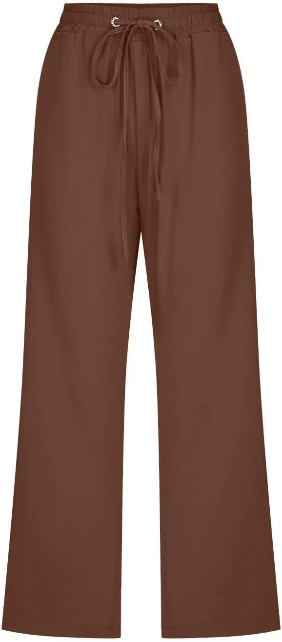Linen Capri Pants for Women Summer High Waisted Wide Leg Cropped Trousers Casual Drawstring Plus Size Beach Capri Pants S-5X