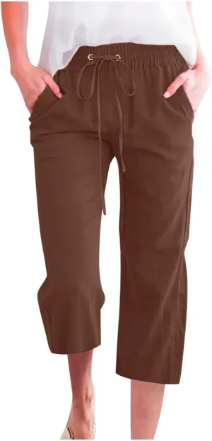 Linen Capri Pants for Women Summer High Waisted Wide Leg Cropped Trousers Casual Drawstring Plus Size Beach Capri Pants S-5X
