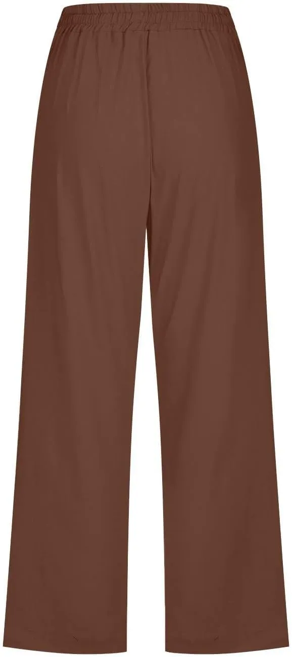 Linen Capri Pants for Women Summer High Waisted Wide Leg Cropped Trousers Casual Drawstring Plus Size Beach Capri Pants S-5X