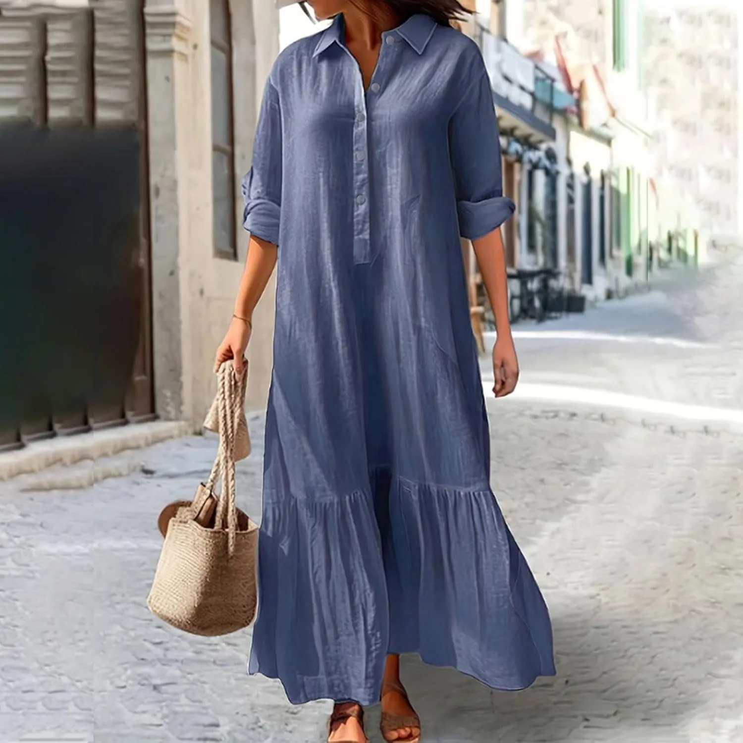 Linen Dresses for Women 2025 Loose Button V-Neck Long Sleeve Sundress Fashion Solid Color Pleated Shirts Dress