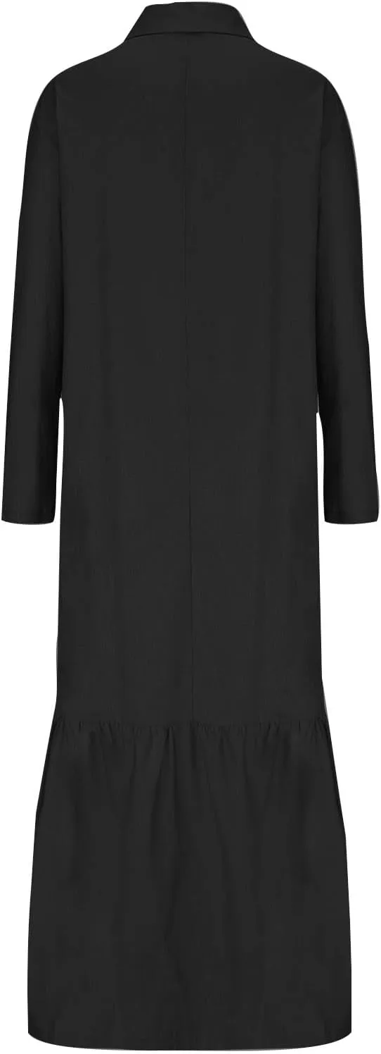 Linen Dresses for Women 2025 Loose Button V-Neck Long Sleeve Sundress Fashion Solid Color Pleated Shirts Dress
