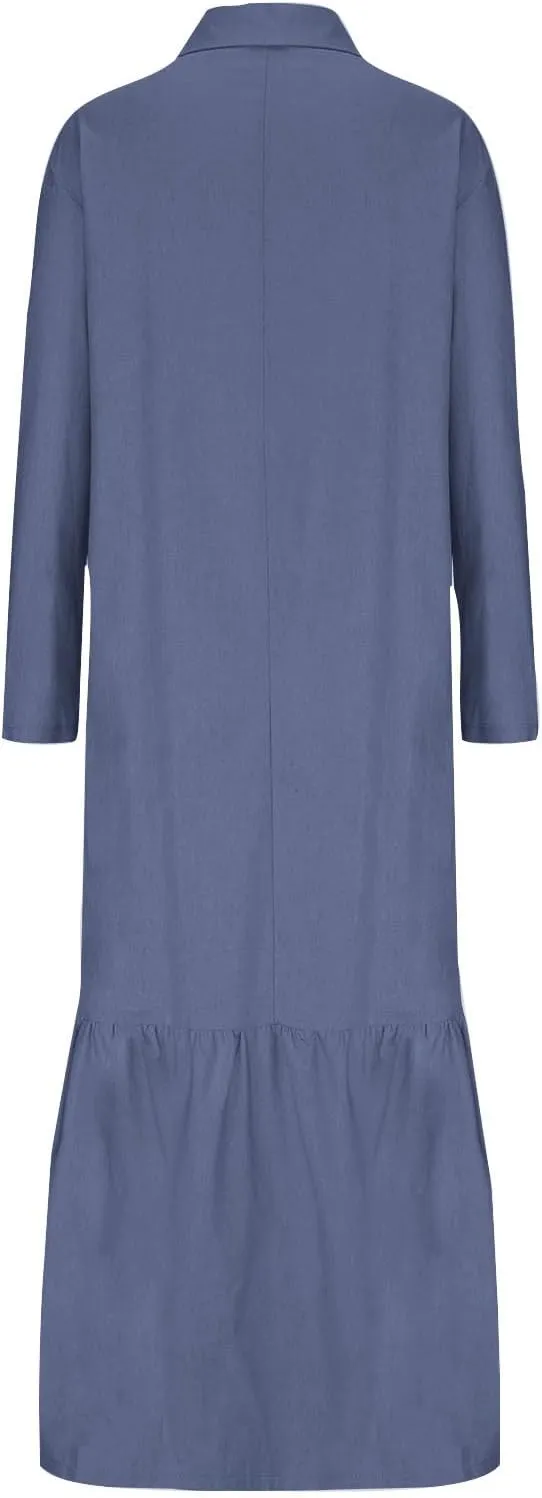 Linen Dresses for Women 2025 Loose Button V-Neck Long Sleeve Sundress Fashion Solid Color Pleated Shirts Dress