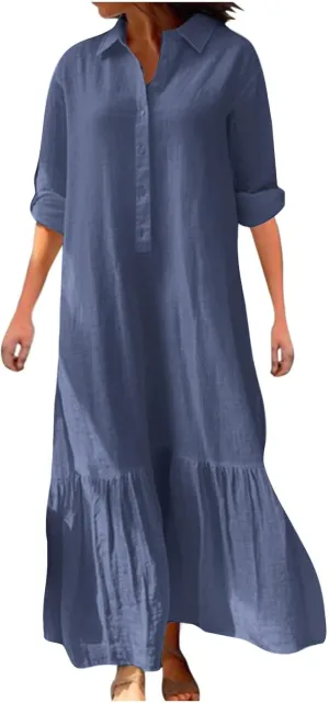 Linen Dresses for Women 2025 Loose Button V-Neck Long Sleeve Sundress Fashion Solid Color Pleated Shirts Dress
