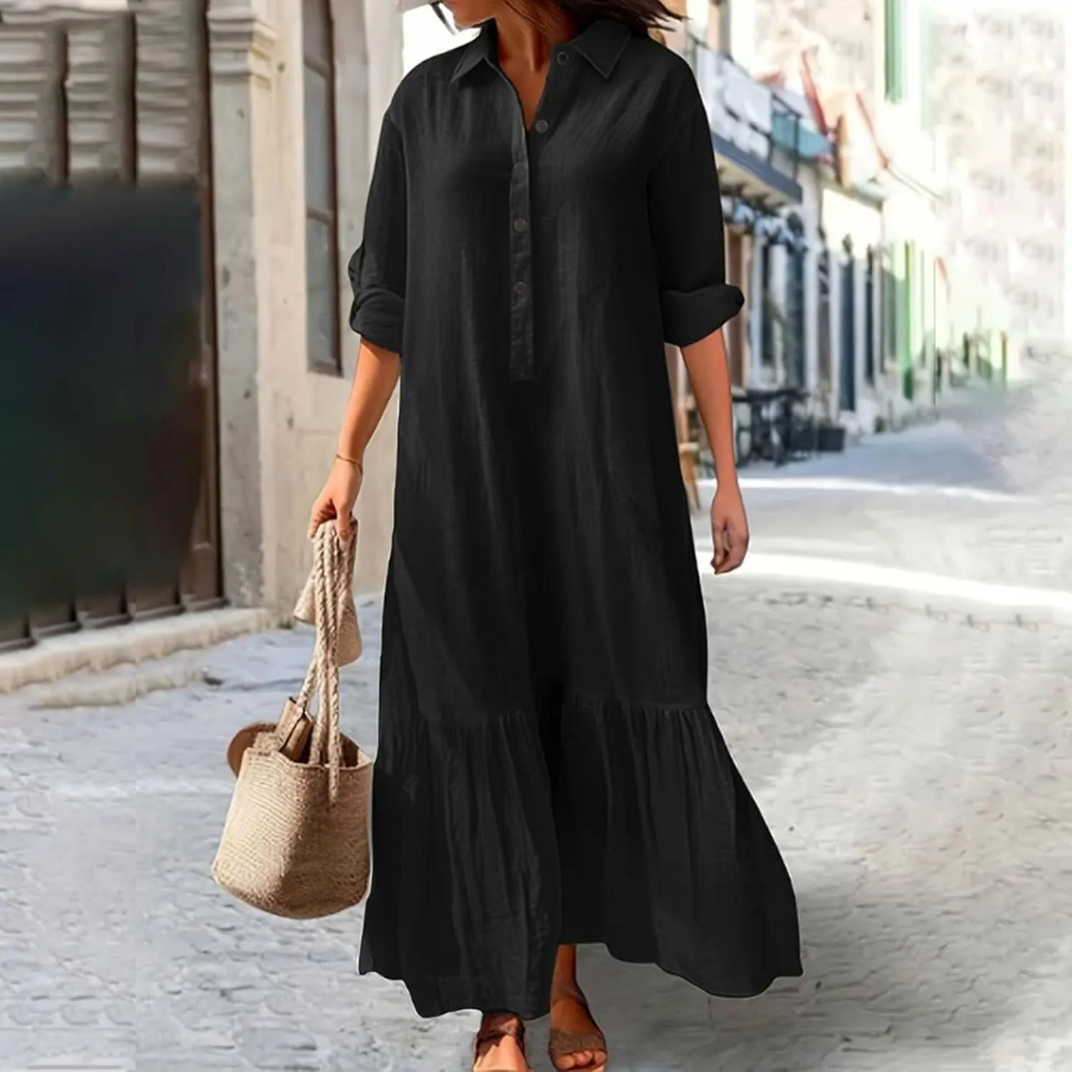 Linen Dresses for Women 2025 Loose Button V-Neck Long Sleeve Sundress Fashion Solid Color Pleated Shirts Dress