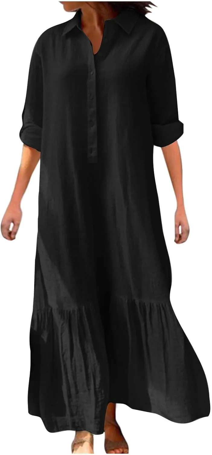 Linen Dresses for Women 2025 Loose Button V-Neck Long Sleeve Sundress Fashion Solid Color Pleated Shirts Dress