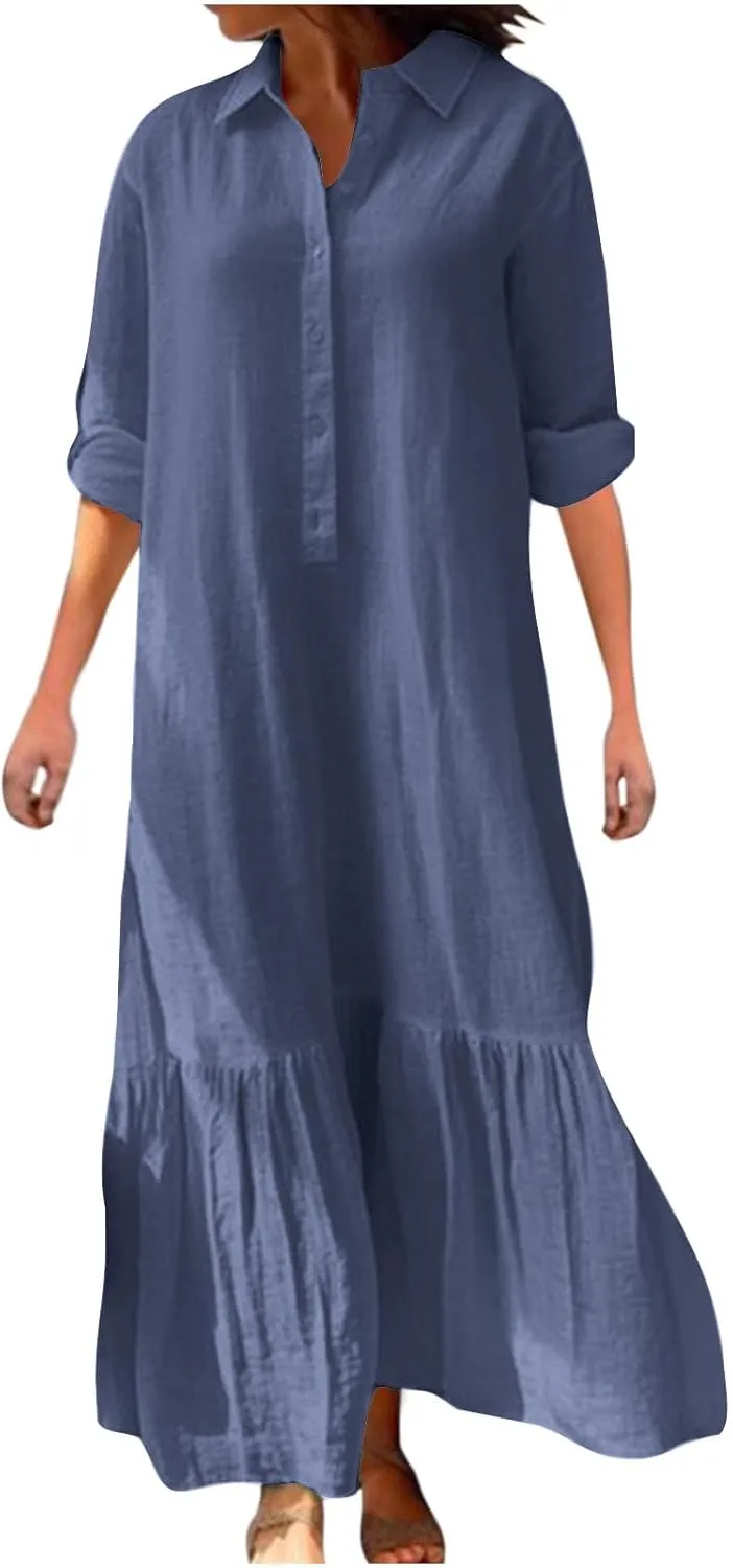 Linen Dresses for Women 2025 Loose Button V-Neck Long Sleeve Sundress Fashion Solid Color Pleated Shirts Dress