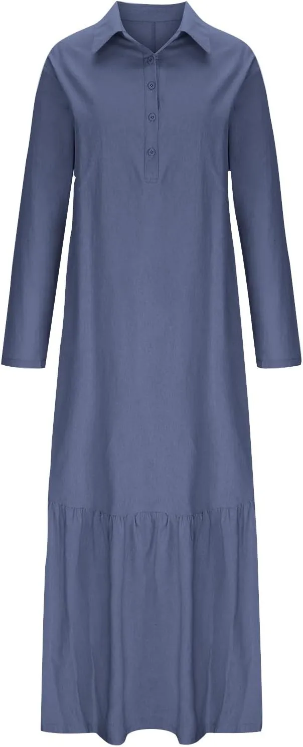 Linen Dresses for Women 2025 Loose Button V-Neck Long Sleeve Sundress Fashion Solid Color Pleated Shirts Dress