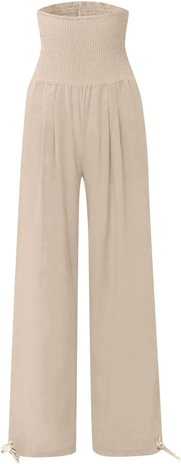 Linen Palazzo Pants for Women Plus Size Baggy Trousers with Pockets High Waist Straight Wide Leg Pants Casual Pants