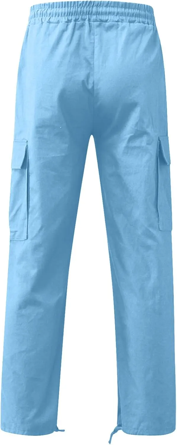 Linen Pants for Men Outdoor Fashion Multi Pockets Cotton Cargo Pants Classic Elastic Waist Solid Tactical Trouser