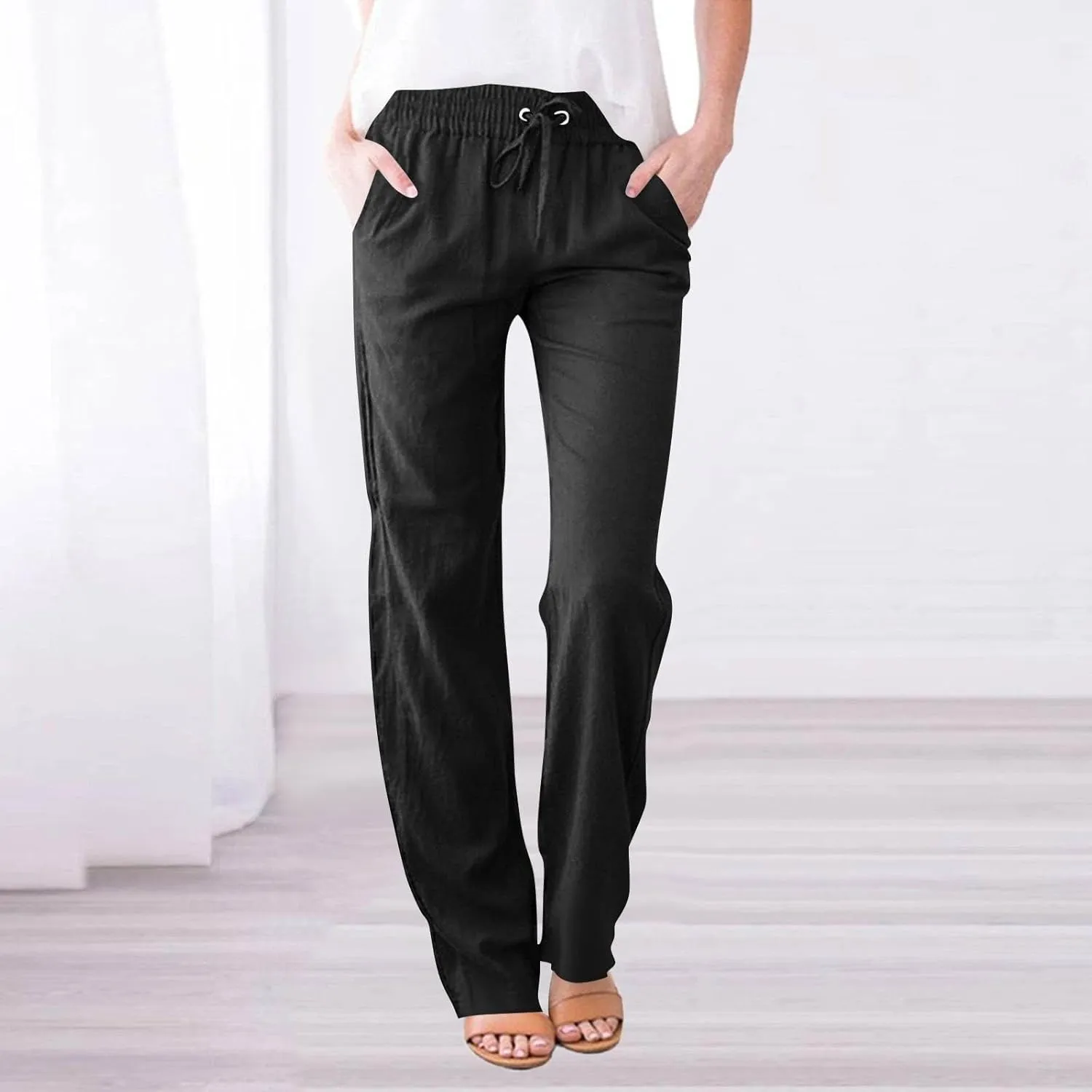Linen Pants for Women 2025 Casual Summer Drawstring Capri Pants Beach Vacation Clothes with Pockets