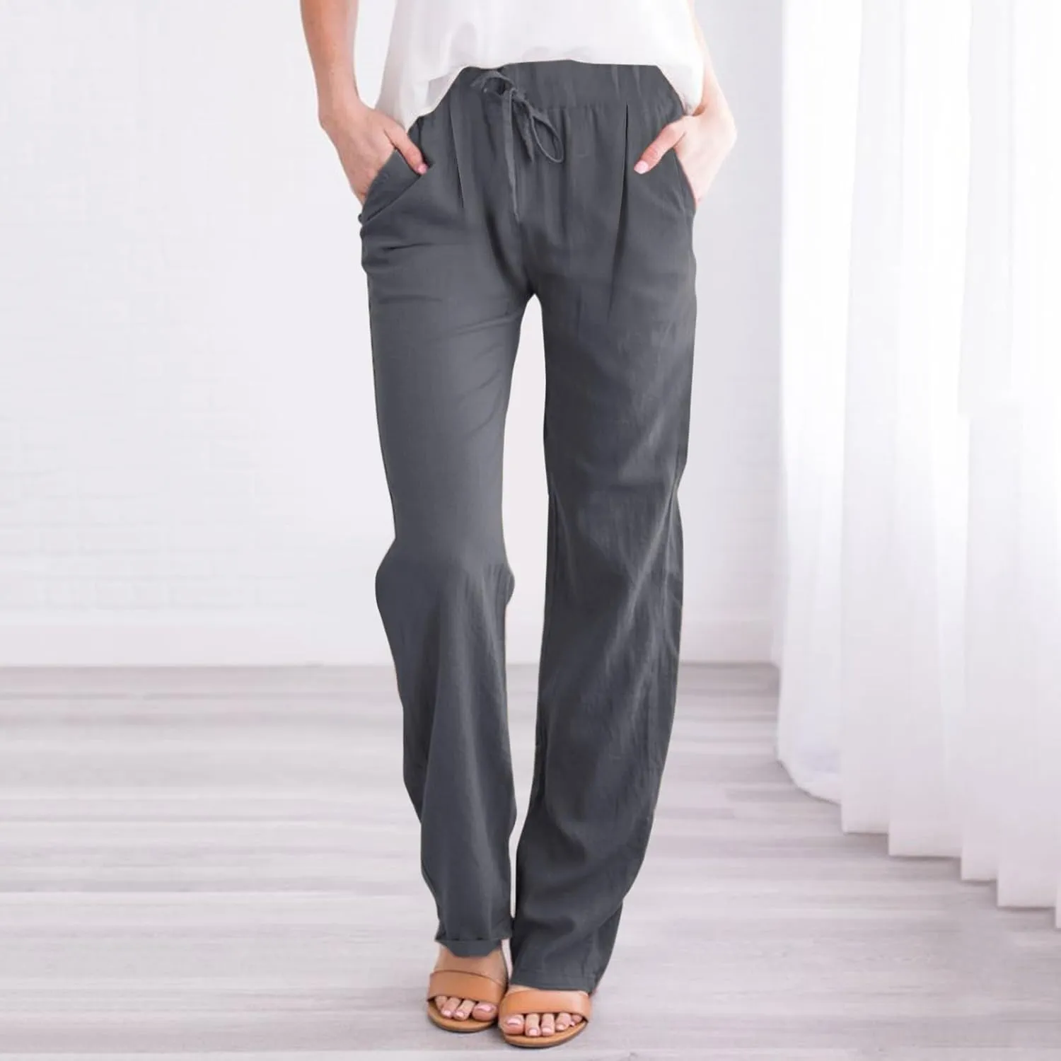 Linen Pants for Women Beach Vacation Elastic Waist Drawstring Trousers Pant Gauze Loose 2025 Casual Summer Clothes