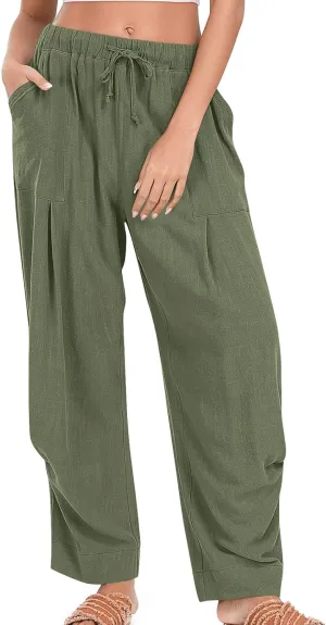 Linen Pants for Women Cotton Pleated Palazzo Pant Boho Drawstring Waist Wide Leg Trousers Summer 2025 Y2K Outfits