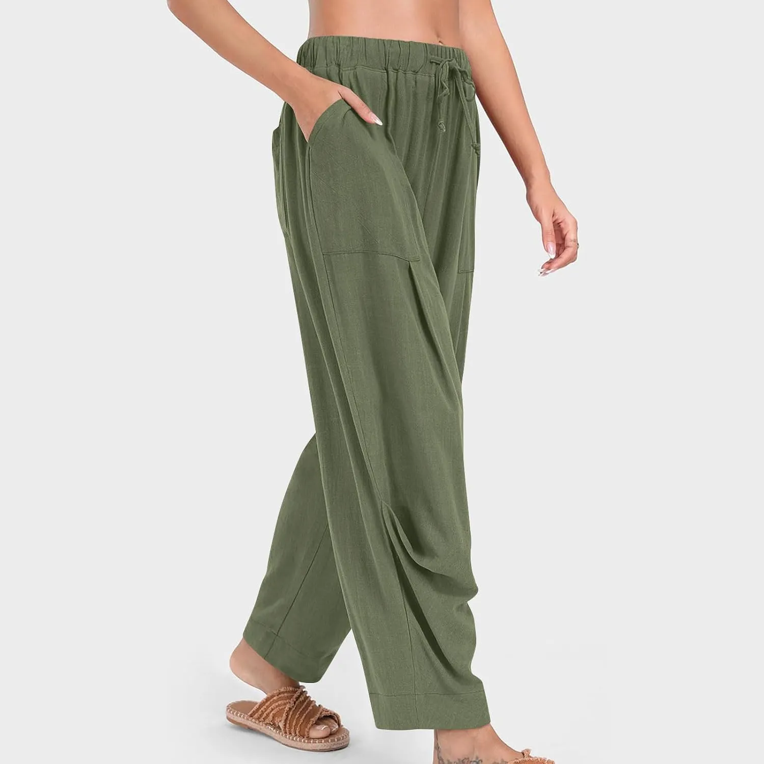 Linen Pants for Women Cotton Pleated Palazzo Pant Boho Drawstring Waist Wide Leg Trousers Summer 2025 Y2K Outfits