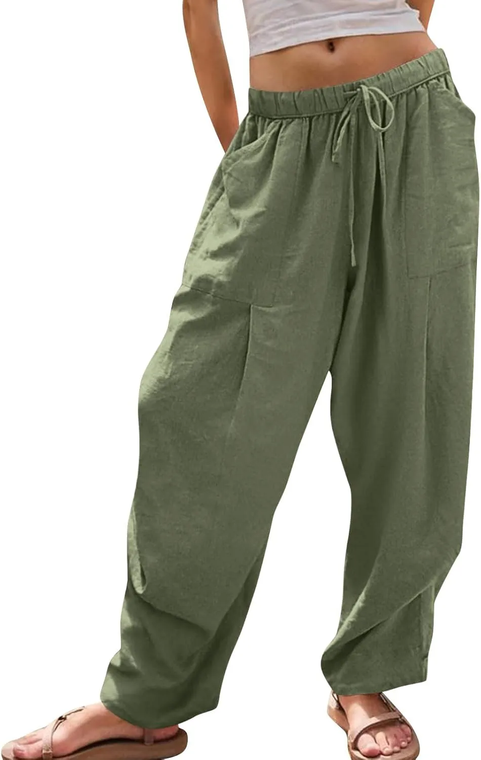 Linen Pants for Women Cotton Pleated Palazzo Pant Boho Drawstring Waist Wide Leg Trousers Summer 2025 Y2K Outfits