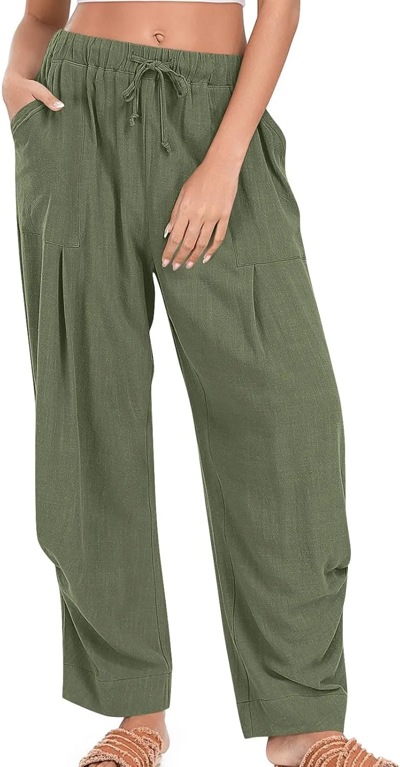 Linen Pants for Women Cotton Pleated Palazzo Pant Boho Drawstring Waist Wide Leg Trousers Summer 2025 Y2K Outfits