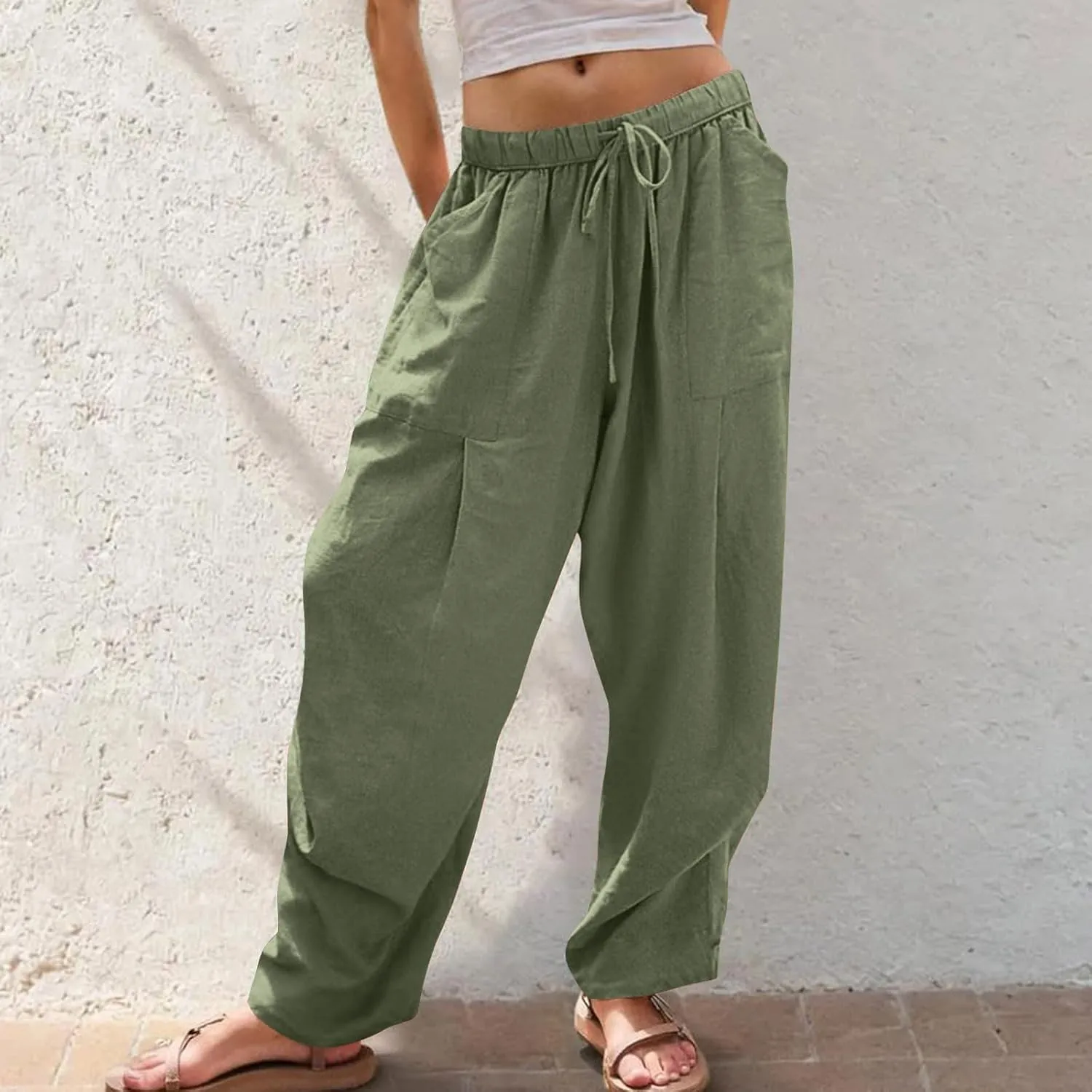 Linen Pants for Women Cotton Pleated Palazzo Pant Boho Drawstring Waist Wide Leg Trousers Summer 2025 Y2K Outfits