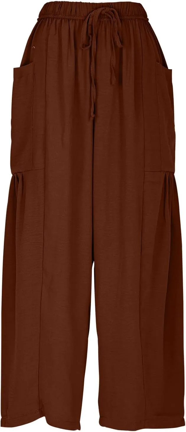 Linen Pants for Women Drawstring Elastic Waist Palazzo Harem Pants Ladies Casual Wide Leg Trousers with Side Pockets