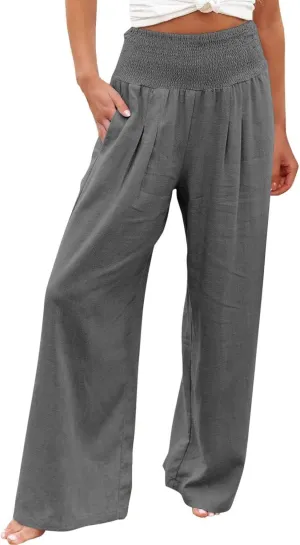 Linen Pants for Women Fall High Waisted Wide Leg Pants Work Casual Elastic Waist Palazzo Trousers with Pocket