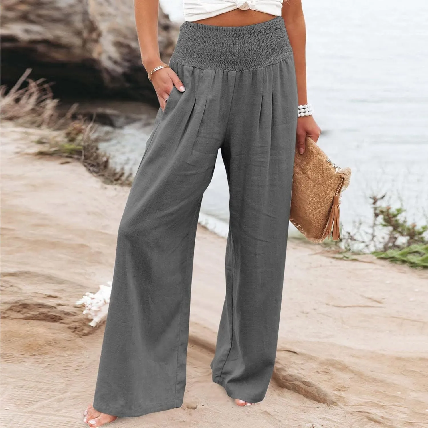Linen Pants for Women Fall High Waisted Wide Leg Pants Work Casual Elastic Waist Palazzo Trousers with Pocket