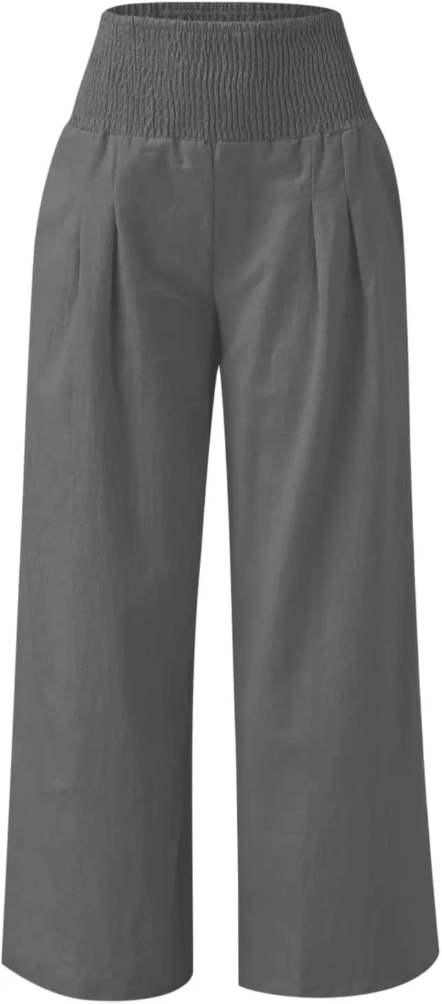Linen Pants for Women Fall High Waisted Wide Leg Pants Work Casual Elastic Waist Palazzo Trousers with Pocket