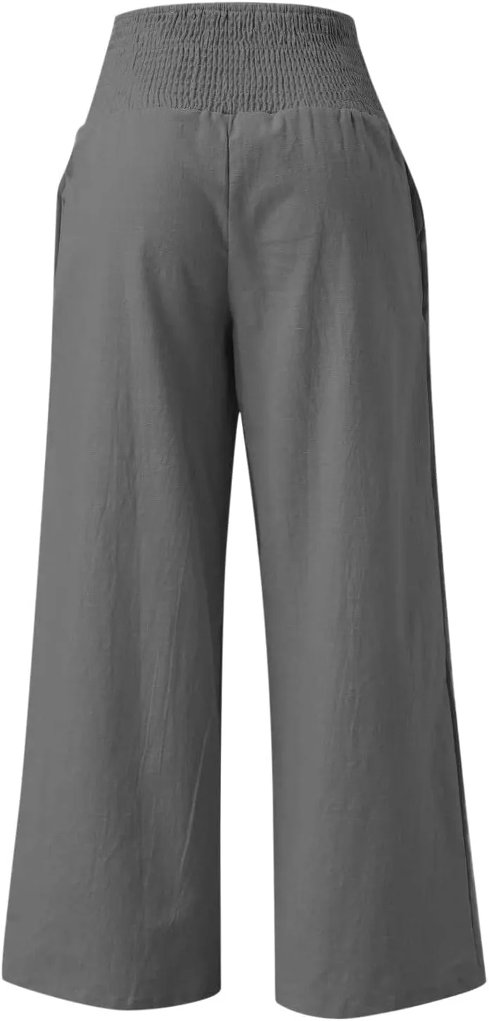 Linen Pants for Women Fall High Waisted Wide Leg Pants Work Casual Elastic Waist Palazzo Trousers with Pocket