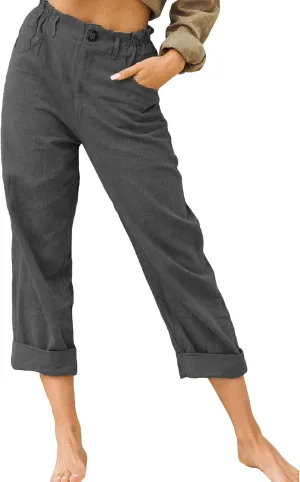 Linen Pants for Women High Waisted Wide Leg Capris Summer Casual Button Elastic Waist Cropped Trousers with Pockets