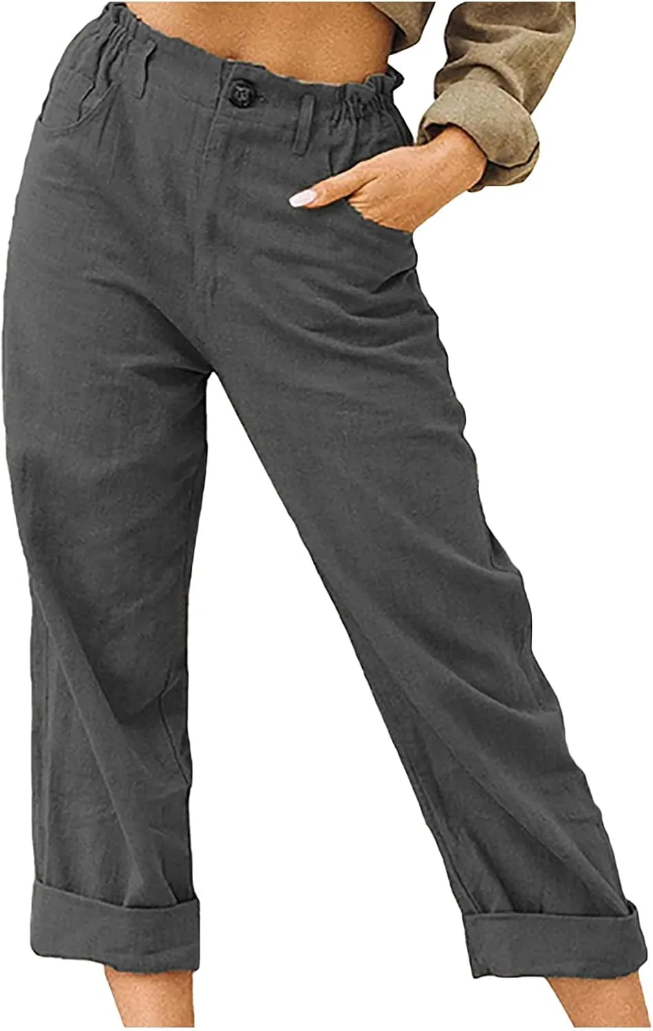 Linen Pants for Women High Waisted Wide Leg Capris Summer Casual Button Elastic Waist Cropped Trousers with Pockets
